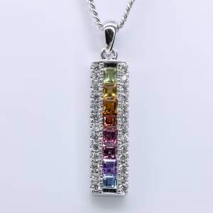 9ct White Gold Multi-Coloured Stone and Diamond Pendant