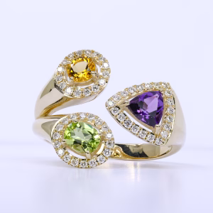 9ct Gold Citrine, Amethyst, Peridot and Diamond Ring
