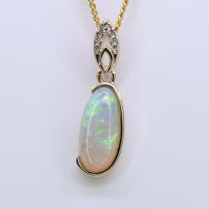 14ct Yellow Gold Solid White Opal and Diamond Pendant