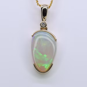 14ct Yellow Gold Solid White Opal and Diamond Pendant