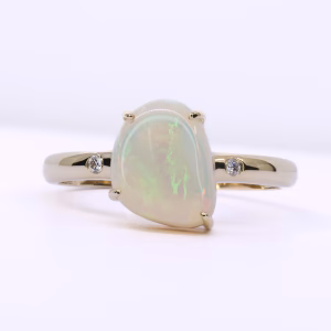 9ct Yellow Gold Solid White Opal and Diamond Ring