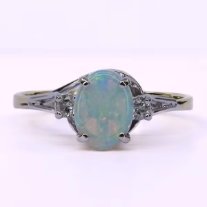 9ct Gold Solid Crystal Opal and Diamond Ring
