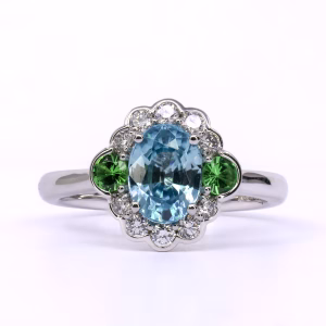 18ct White Gold Blue Zircon, Green Garnet and Diamond Ring