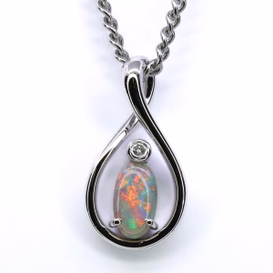 9ct White Gold Solid Grey Opal and Diamond Pendant