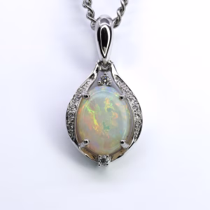14ct White Gold Solid White Opal and Diamond Pendant