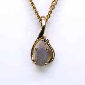 18ct Yellow Gold Solid Grey Opal and Diamond Pendant