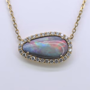 18ct Gold Solid Black Opal and Diamond Pendant, With 18ct Gold Chain