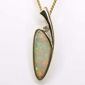 14ct Yellow Gold Solid Crystal Opal and Diamond Pendant
