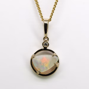 14ct Yellow Gold Solid White Opal and Diamond Pendant
