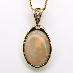 14ct Yellow Gold Solid Crystal Opal and Diamond Pendant