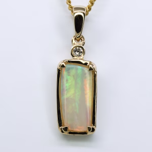 14ct Yellow Gold Solid Crystal Opal and Diamond Pendant
