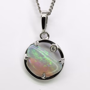 14ct White Gold Solid Crystal Opal and Diamond Pendant