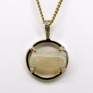 14ct Yellow Gold Solid White Crystal Opal and Diamond Pendant
