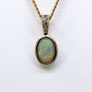 14ct Yellow Gold Solid Crystal Opal and Diamond Pendant