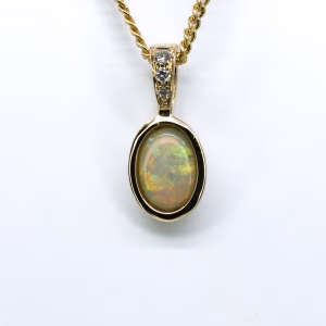 14ct Yellow Gold Solid White Opal and Diamond Pendant