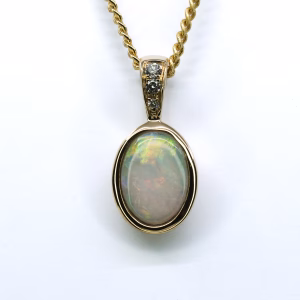14ct Yellow Gold Solid White Opal and Diamond Pendant