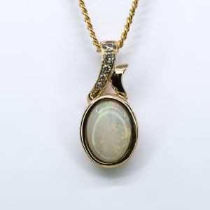 14ct Yellow Gold Solid White Opal and Diamond Pendant