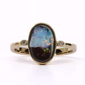 14ct Yellow Gold Queensland Boulder Opal and Diamond Ring