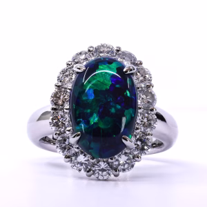 Platinum Solid Black Opal and Diamond Ring