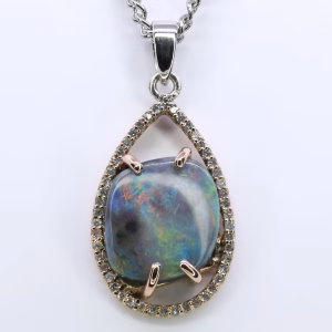 9ct Gold Solid Black Opal and Diamond Pendant