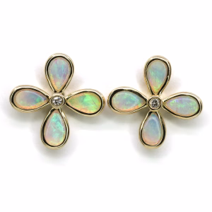 9ct Yellow Gold Solid White Crystal Opal and Diamond Earrings