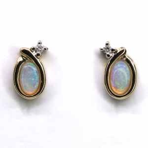 14ct Yellow Gold Solid Crystal Opal and Diamond Earrings