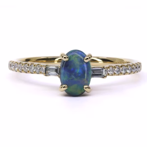 18ct Yellow Gold Solid Black Opal and Diamond Ring