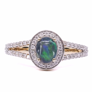 14ct Yellow Gold Solid Black Opal and Diamond Ring