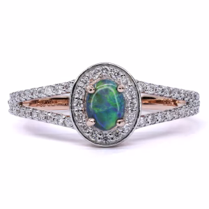 14ct Rose Gold Solid Black Opal and Diamond Ring