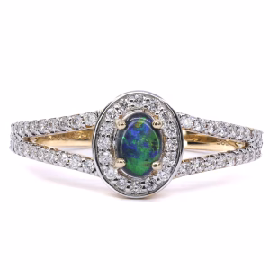 14ct Yellow Gold Solid Black Opal and Diamond Ring