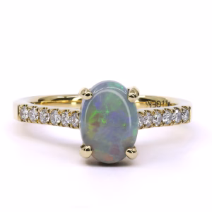 18ct Yellow Gold Solid Dark Opal and Diamond Ring