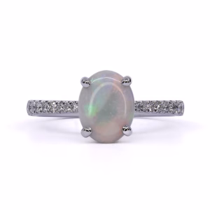 18ct White Gold Solid White Opal and Diamond Ring