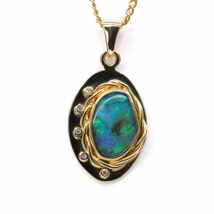 18ct Yellow Gold Solid Black Opal and Diamond Pendant
