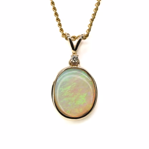 14ct Yellow Gold Solid Crystal Opal and Diamond Pendant