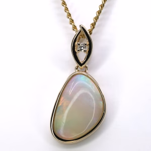 14ct Yellow Gold Solid Crystal Opal and Diamond Pendant