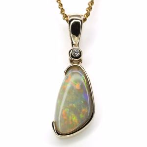 9ct Yellow Gold Solid White Opal and Diamond Pendant