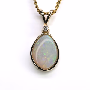 14ct Yellow Gold Solid Crystal Opal and Diamond Pendant