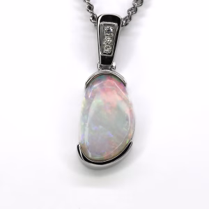 14ct White Gold Solid White Opal and Diamond Pendant