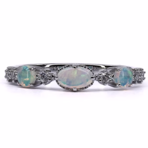 18ct White Gold Solid Crystal Opal and Diamond Ring
