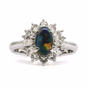 Platinum Solid Black Opal and Diamond Ring