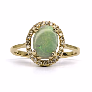 9ct Yellow Gold Solid Light Opal and Diamond Ring